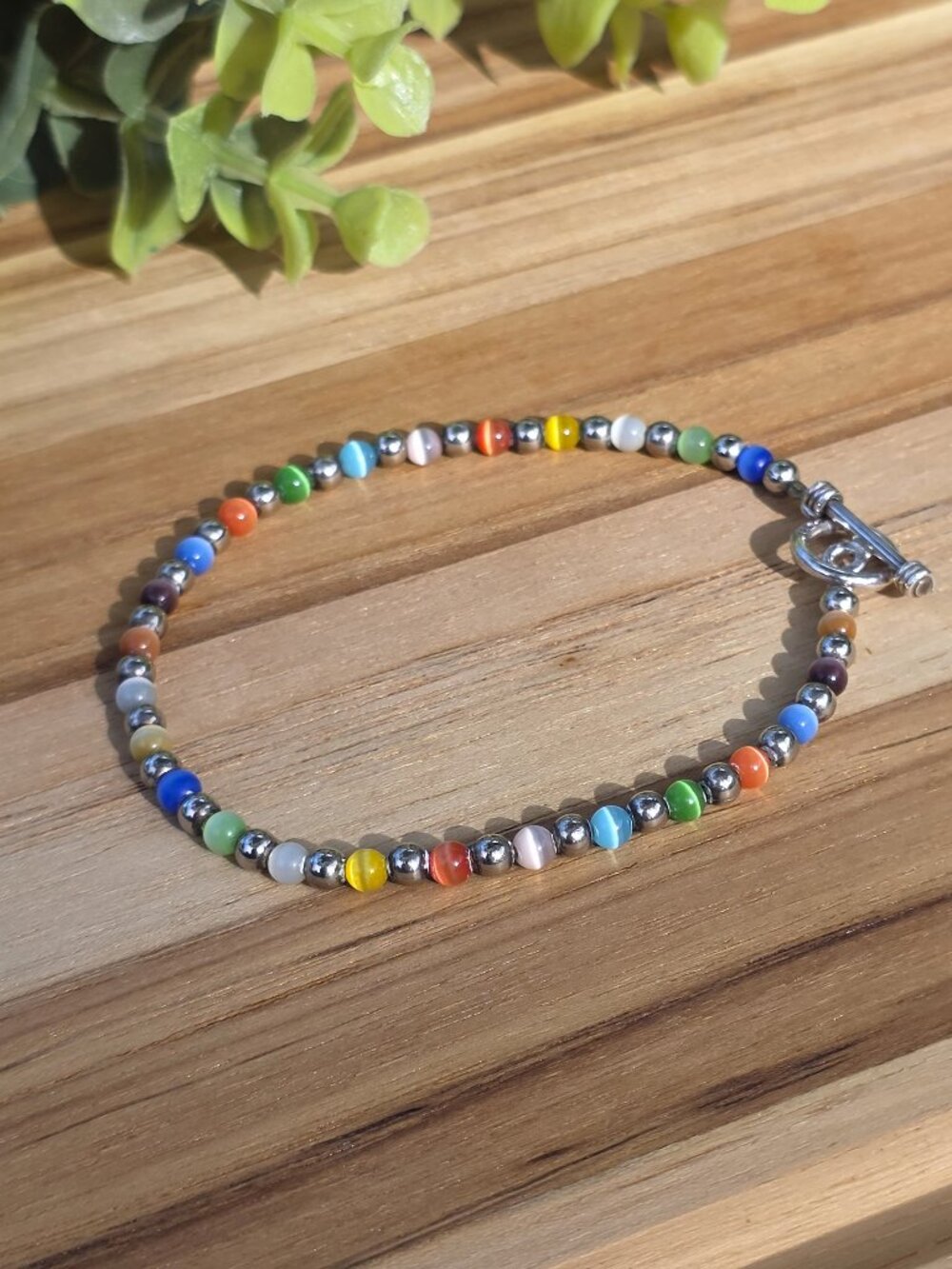 925 Sterling Silver Multicolor Cat Eye Bead Toggle Bracelet 9"